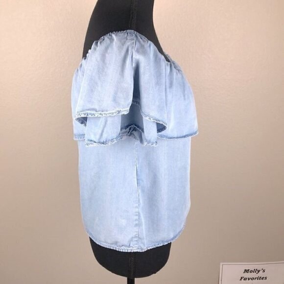 MNG Mango Blouse Off-the-shoulder Chambray Tiered Ruffle Short Sleeve Jean  XS - Picture 6 of 14